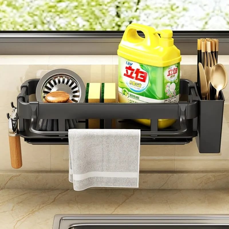 Kitchen Sink Rack Kitchen Sink Organizer Caddy Storage with a draining tray, towel hook and cutlery holder