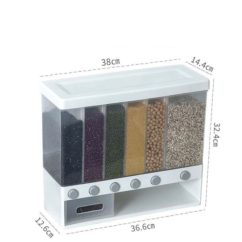6 compartment cereals dispenser,Wall Mounted Dry Food Dispenser - Whole Grains Rice Bucket Rice Storage Tank, Space Saving Containers for Convenient Storage of Rice Nuts Beans Cereals