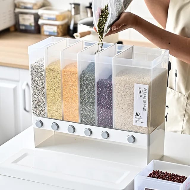 6 compartment cereals dispenser,Wall Mounted Dry Food Dispenser - Whole Grains Rice Bucket Rice Storage Tank, Space Saving Containers for Convenient Storage of Rice Nuts Beans Cereals
