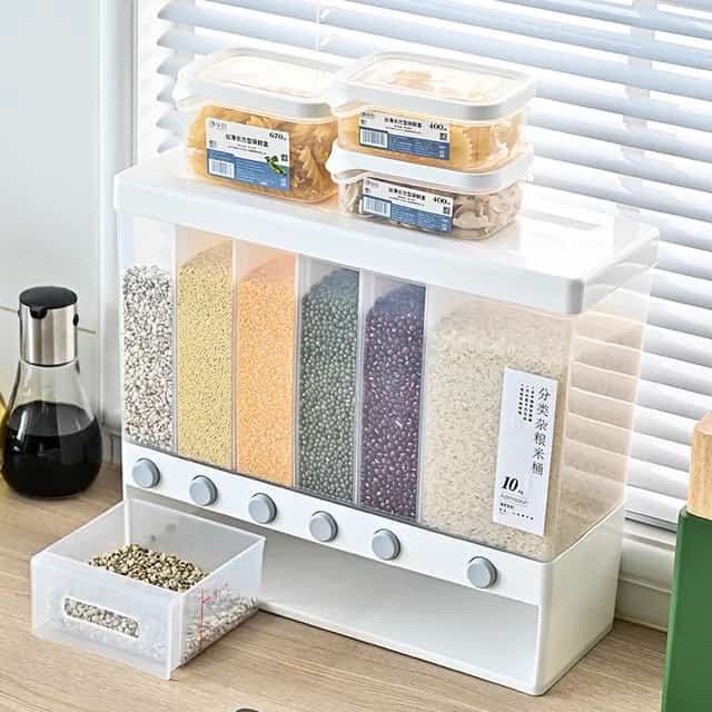 6 compartment cereals dispenser,Wall Mounted Dry Food Dispenser - Whole Grains Rice Bucket Rice Storage Tank, Space Saving Containers for Convenient Storage of Rice Nuts Beans Cereals