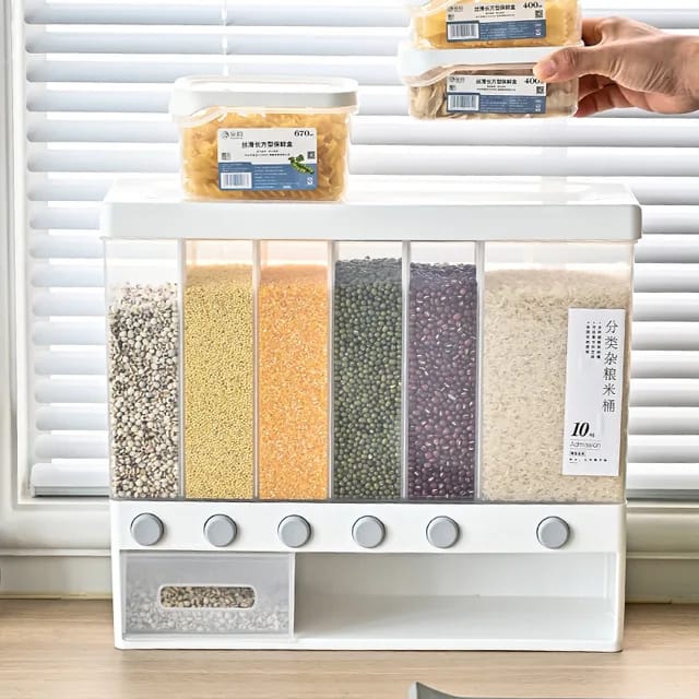 6 compartment cereals dispenser,Wall Mounted Dry Food Dispenser - Whole Grains Rice Bucket Rice Storage Tank, Space Saving Containers for Convenient Storage of Rice Nuts Beans Cereals