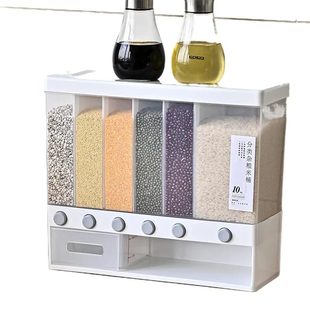 6 compartment cereals dispenser,Wall Mounted Dry Food Dispenser - Whole Grains Rice Bucket Rice Storage Tank, Space Saving Containers for Convenient Storage of Rice Nuts Beans Cereals