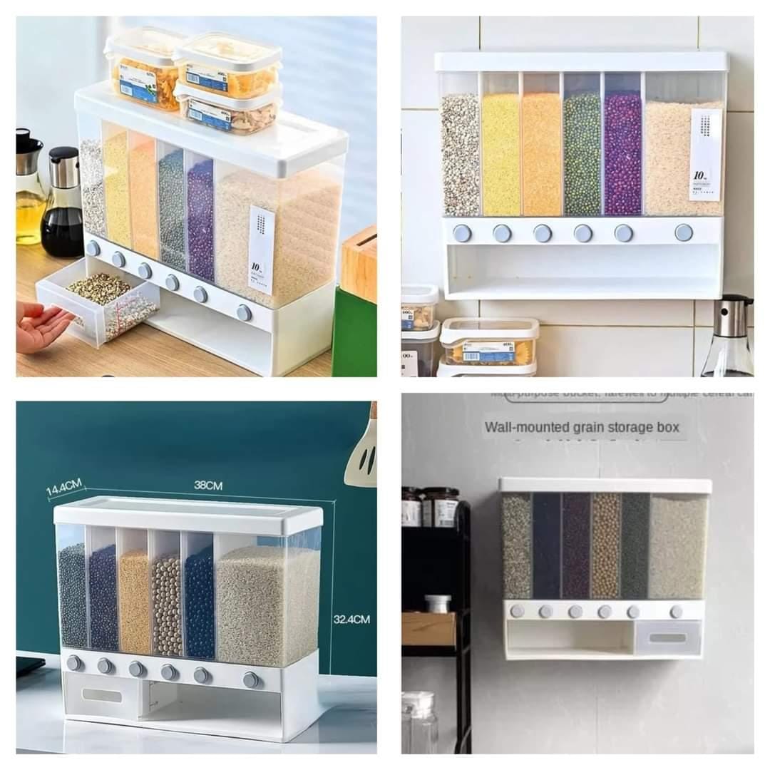 6 compartment cereals dispenser,Wall Mounted Dry Food Dispenser - Whole Grains Rice Bucket Rice Storage Tank, Space Saving Containers for Convenient Storage of Rice Nuts Beans Cereals