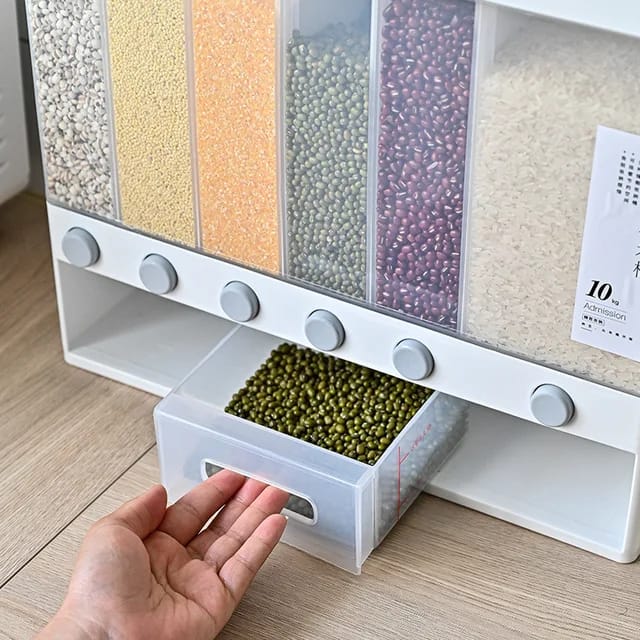 6 compartment cereals dispenser,Wall Mounted Dry Food Dispenser - Whole Grains Rice Bucket Rice Storage Tank, Space Saving Containers for Convenient Storage of Rice Nuts Beans Cereals