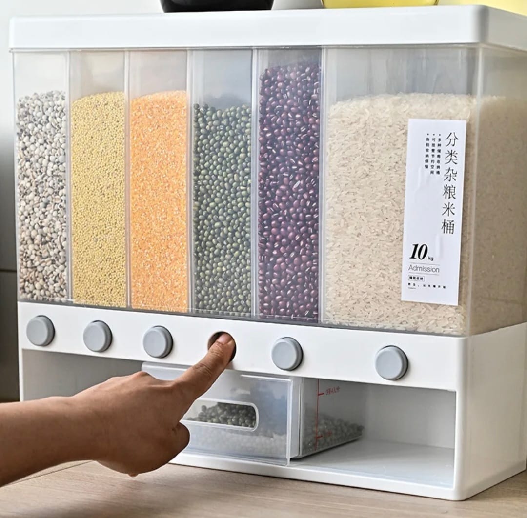 6 compartment cereals dispenser,Wall Mounted Dry Food Dispenser - Whole Grains Rice Bucket Rice Storage Tank, Space Saving Containers for Convenient Storage of Rice Nuts Beans Cereals