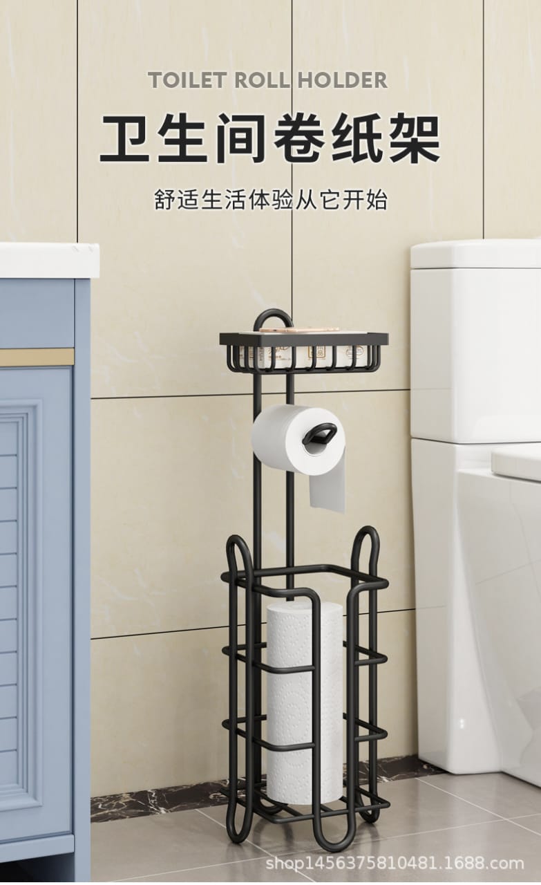 ♨3 IN 1 HEAVY DUTY BATHROOM STAND ▪Material: carbon steel ▪Tissue paper roll holder ▪Space saving tissue holder ▪Colour: Black