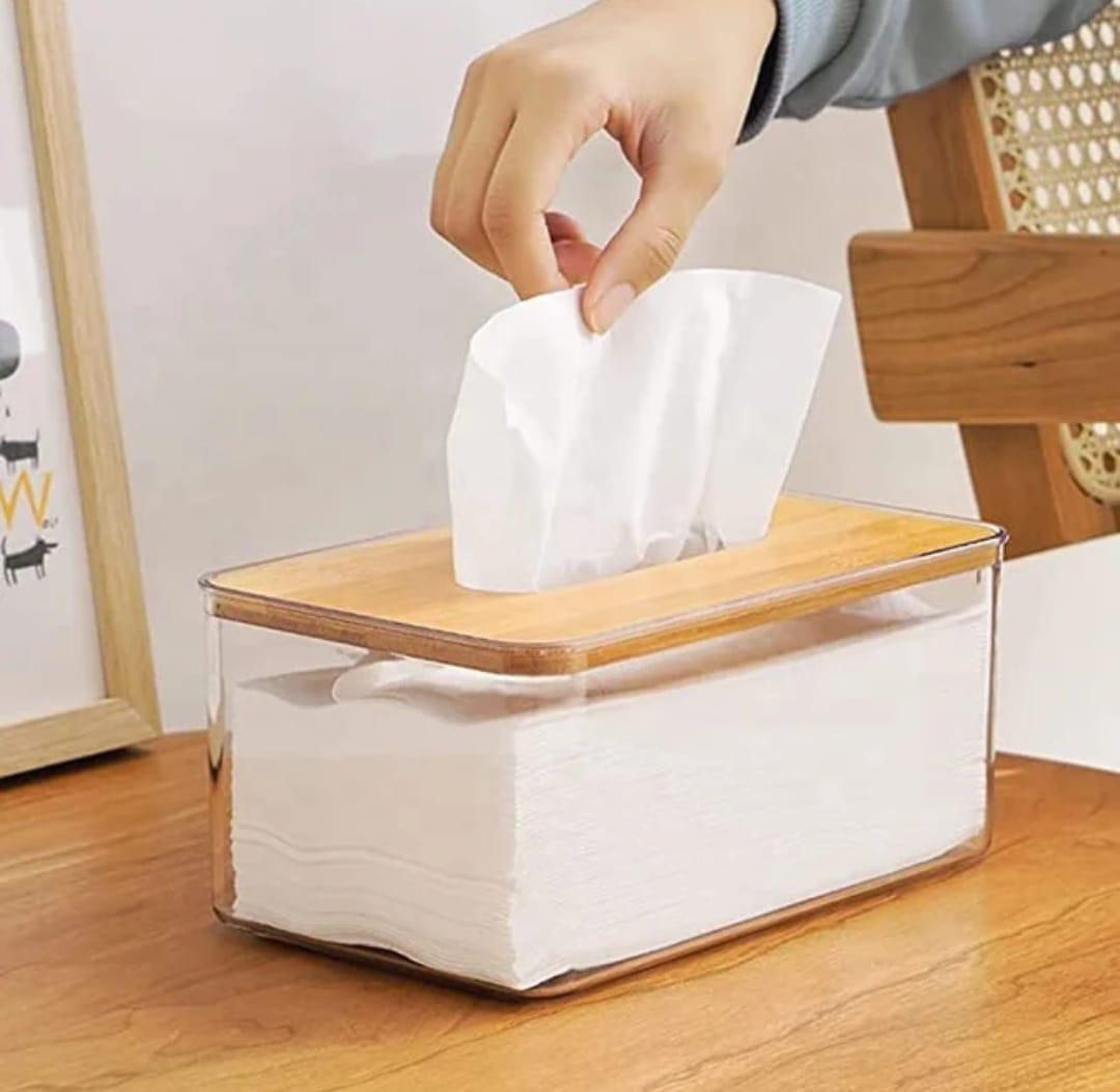 Nordic minimalist tissue box /Serviette holder with bamboo lid Modern desktop Japanese style transparent organiser