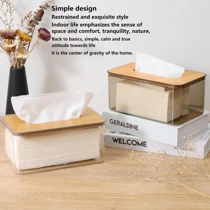 Nordic minimalist tissue box /Serviette holder with bamboo lid Modern desktop Japanese style transparent organiser