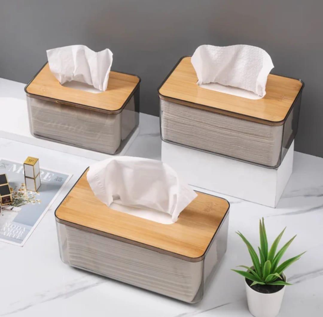 Nordic minimalist tissue box /Serviette holder with bamboo lid Modern desktop Japanese style transparent organiser