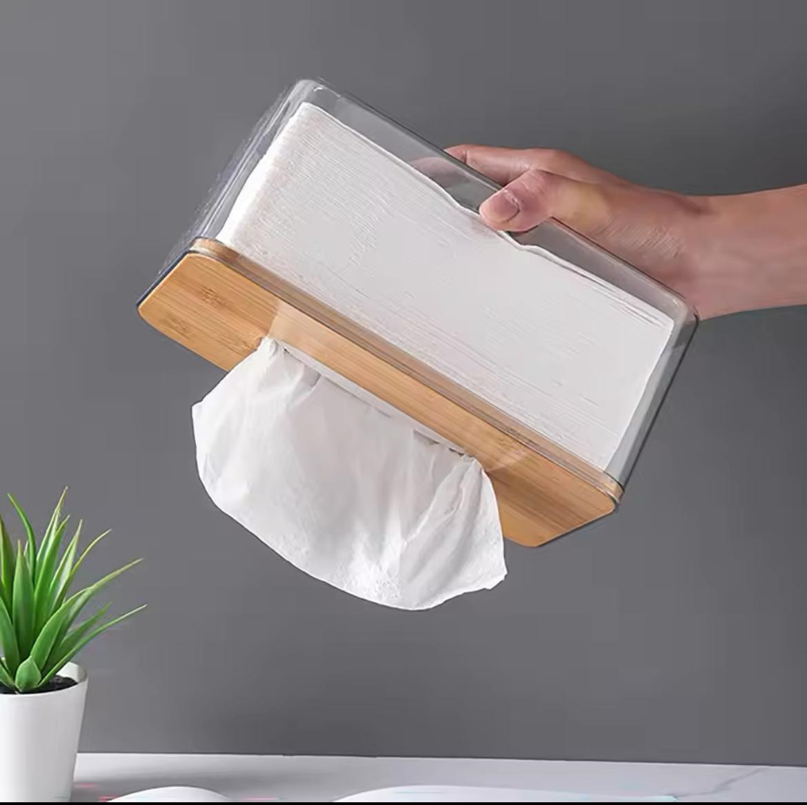 Nordic minimalist tissue box /Serviette holder with bamboo lid Modern desktop Japanese style transparent organiser