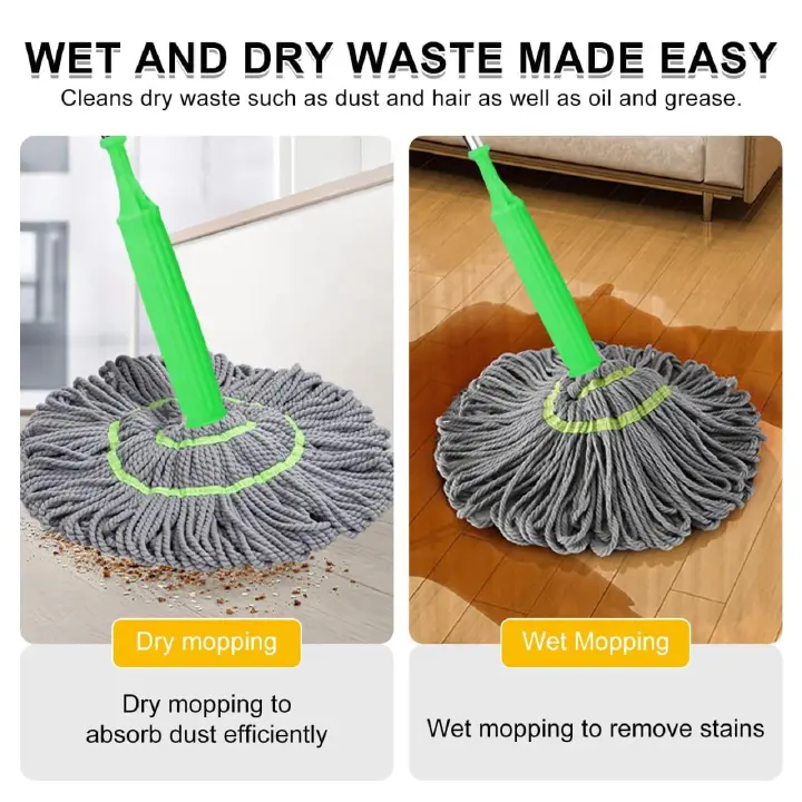 SELF-WRINGING TWIST FLOOR MOP- ROTATES 360 DEGREES MAKING YOUR CLEANING EASY AND FASTER. No more touching of water when squeezing