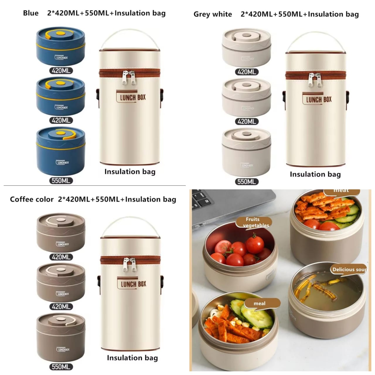 4 in 1 Insulated lunchbox set Combo comes with 3 lunch boxes and 1 insulated bag suitable for students and adults