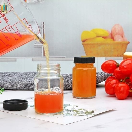 Set of 5 Ginger shots Glass Bottles set of 5 made of Glass with Black Plastic Lid and Reusable Capacity: 60ml