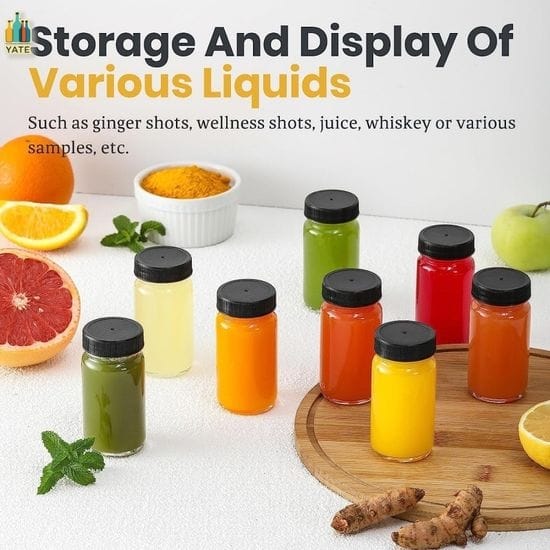 Set of 5 Ginger shots Glass Bottles set of 5 made of Glass with Black Plastic Lid and Reusable Capacity: 60ml