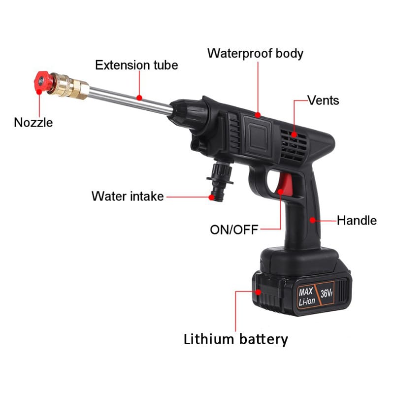 ♨Wireless High Pressure Car wash Water Gun
▪Special materials are waterproof electricity isolation to ensure safety.
▪Convenient to start your cleaning by connecting the water hose to a fau