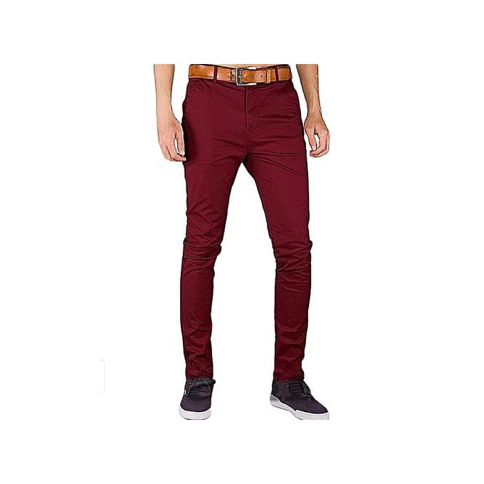 Maroon Khaki Trousers For Men-Slim Fit. Soft Khaki. Stretchy & Comfortable. Sizes: 30-38.