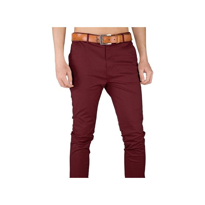 Maroon Khaki Trousers For Men-Slim Fit. Soft Khaki. Stretchy & Comfortable. Sizes: 30-38.