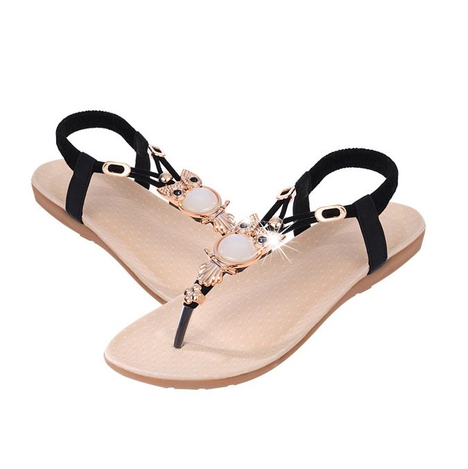 New arrived Owl Beaded Flat Sandals with Toe Clips  Beach Flats Sandals Women's Cool shoes