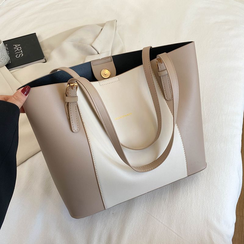 Large capacity tote bag shoulder bag outdoor handbag color blocked stylish handbag Simple and atmospheric bag