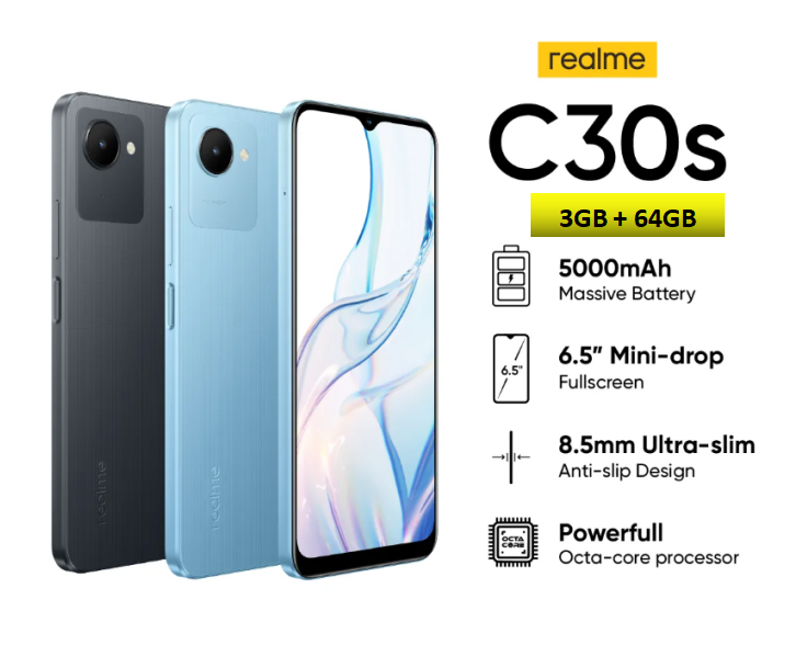 {Special Offer} Brand New Realme C30s  6.5'' 3GB RAM + 64GB Storage m 8MP AI Camera Dual Sim Side Fingerprint Unlock 5000mAh Smart Phones