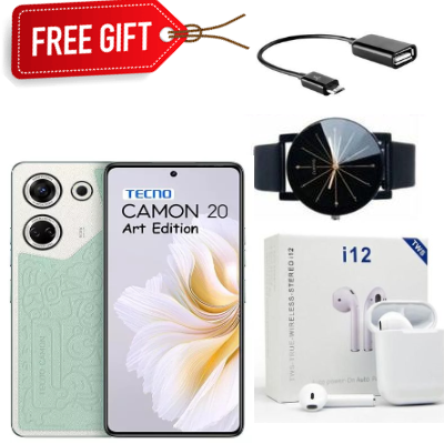[BRAND NEW]Tecno CAMON 20, 6.67", 256GB + 8GB RAM, 64MP, (Dual SIM), 5000mAh,Helio G99 Octa-Core, OS: AndroidFront Camera: 32MP 
Rear Camera: 64MP + 2MP-Smart Phone - Art Edition + Gifts