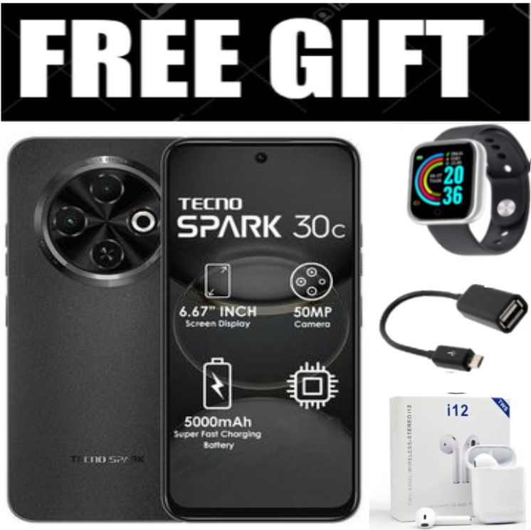 HOLIDAY OFFERS!! [BRAND NEW]Tecno Spark 30C 6.67'' HD+ Screen UP to 8GB RAM + 128GB ROM Dual Sim 50MP 5000 mAh Battery Capacity Smart phone+Smartwatch+i12