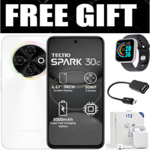 HOLIDAY OFFERS!! [BRAND NEW]Tecno Spark 30C 6.67'' HD+ Screen UP to 8GB RAM + 128GB ROM Dual Sim 50MP 5000 mAh Battery Capacity Smart phone+Smartwatch+i12