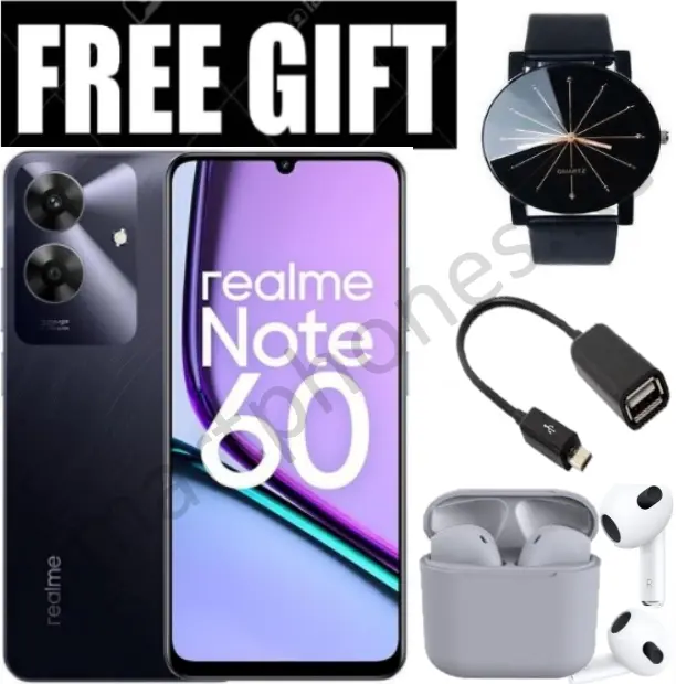 NEW ARRIVALS!! Realme Note 60- 6.74 Inch IPS LCD Display, 4+128GB RAM- Expandable Upto 8GB(4+4) RAM, 5000mAh, Android 14, Fingerprint (side-mounted), 32MP Rear & 5MP Front Camera - FREE GIFTS