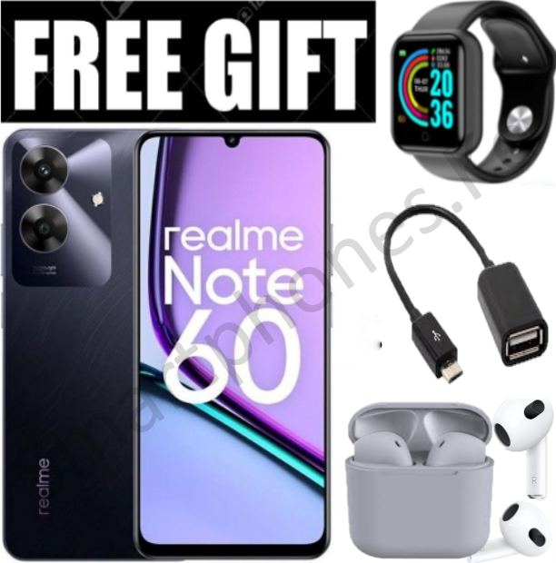 NEW ARRIVALS!! Realme Note 60- 6.74 Inch IPS LCD Display, 4+128GB RAM- Expandable Upto 8GB(4+4) RAM, 5000mAh, Android 14, Fingerprint (side-mounted), 32MP Rear & 5MP Front Camera - FREE GIFTS