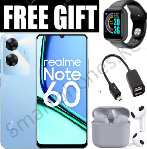 NEW ARRIVALS!! Realme Note 60- 6.74 Inch IPS LCD Display, 4+128GB RAM- Expandable Upto 8GB(4+4) RAM, 5000mAh, Android 14, Fingerprint (side-mounted), 32MP Rear & 5MP Front Camera - FREE GIFTS