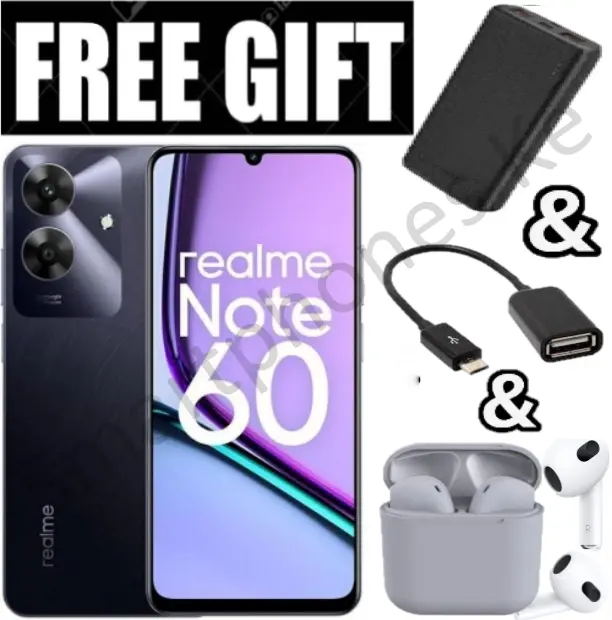 NEW ARRIVALS!! Realme Note 60- 6.74 Inch IPS LCD Display, 4+128GB RAM- Expandable Upto 8GB(4+4) RAM, 5000mAh, Android 14, Fingerprint (side-mounted), 32MP Rear & 5MP Front Camera - FREE GIFTS