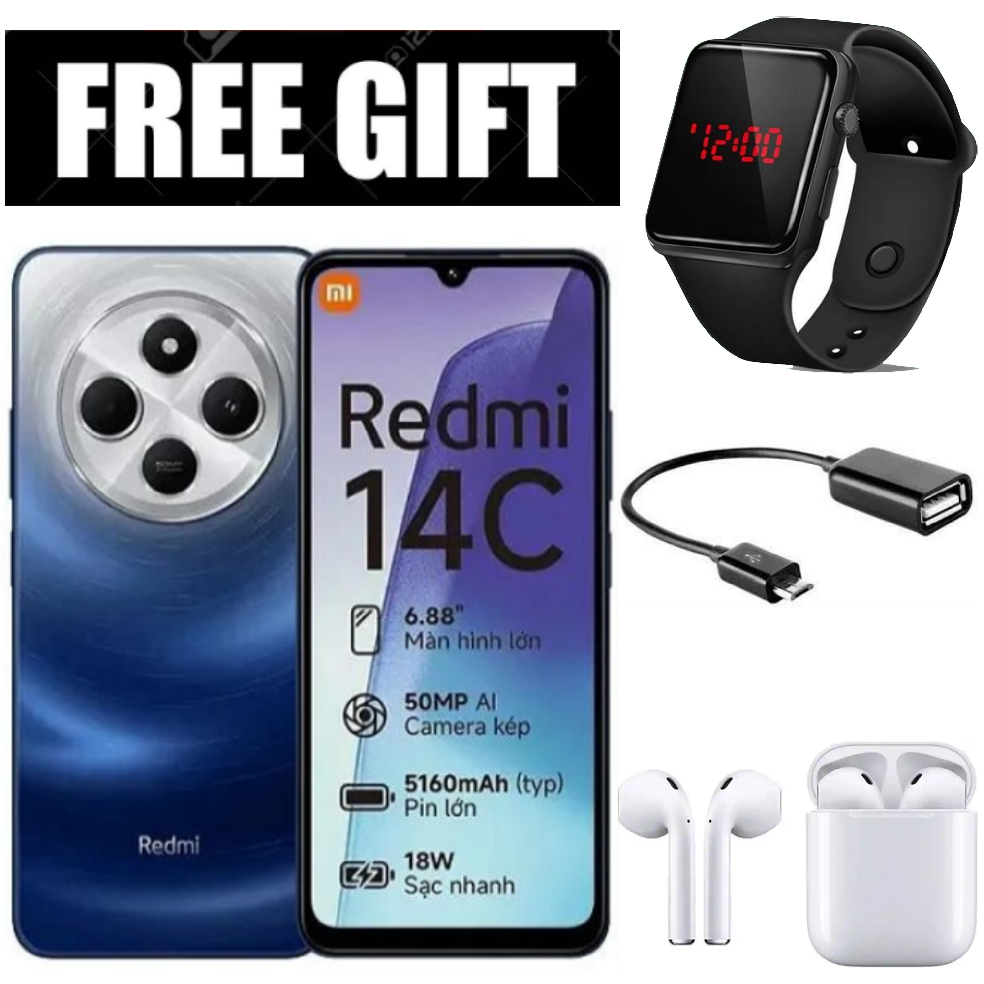BRAND NEW Xiaomi Redmi 14C 8(4+4)GB RAM + 128GB Storage 6.88" 120Hz HD+ IPS display 4G Dual Sim 5160mAh Battery 50MP triple main camera Android 14 Smart Phones Mobile Phone +FREE GIFTS