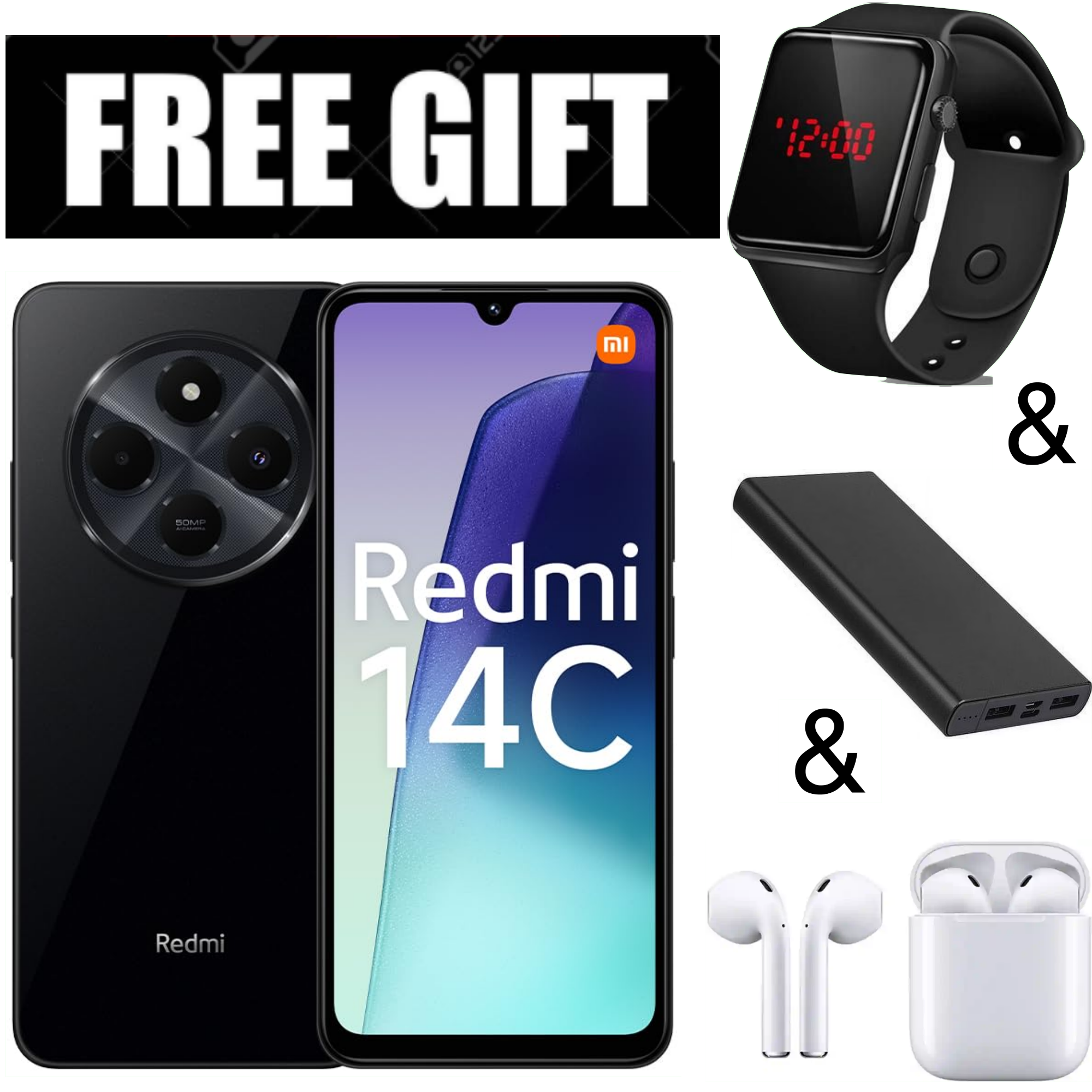 LIMITED TIME DEAL!!BRAND NEW Xiaomi Redmi 14C 8(4+4)GB RAM + 256GB/128GB Storage 6.88" 120Hz HD+ 4G Dual Sim 5160mAh Battery 50MP  main camera Android 14 Smart Phones+POWERBANK+L.E.D WATCH+EARPODS