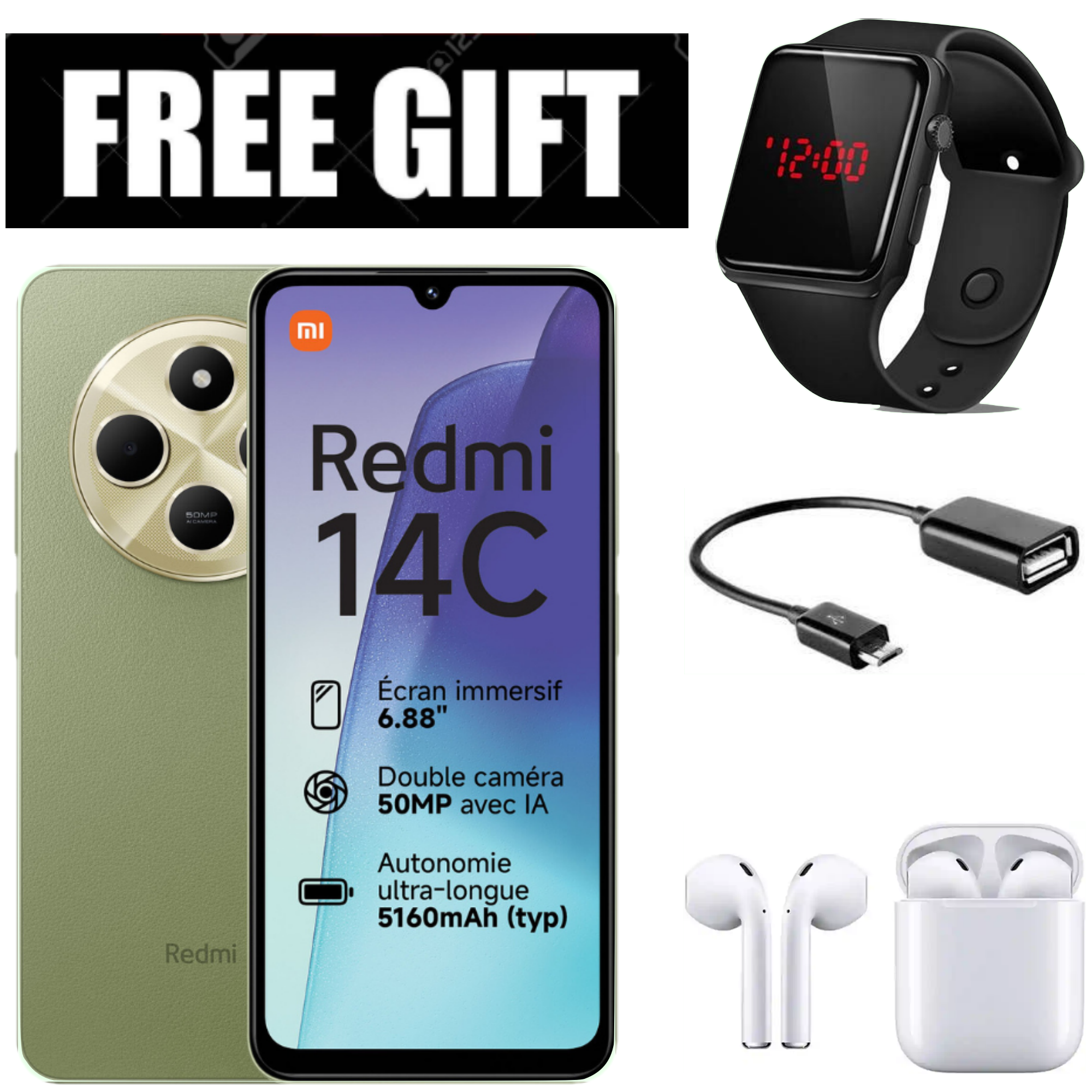 LIMITED TIME DEAL!!BRAND NEW Xiaomi Redmi 14C 8(4+4)GB RAM + 256GB/128GB Storage 6.88" 120Hz HD+ 4G Dual Sim 5160mAh Battery 50MP  main camera Android 14 Smart Phones+POWERBANK+L.E.D WATCH+EARPODS