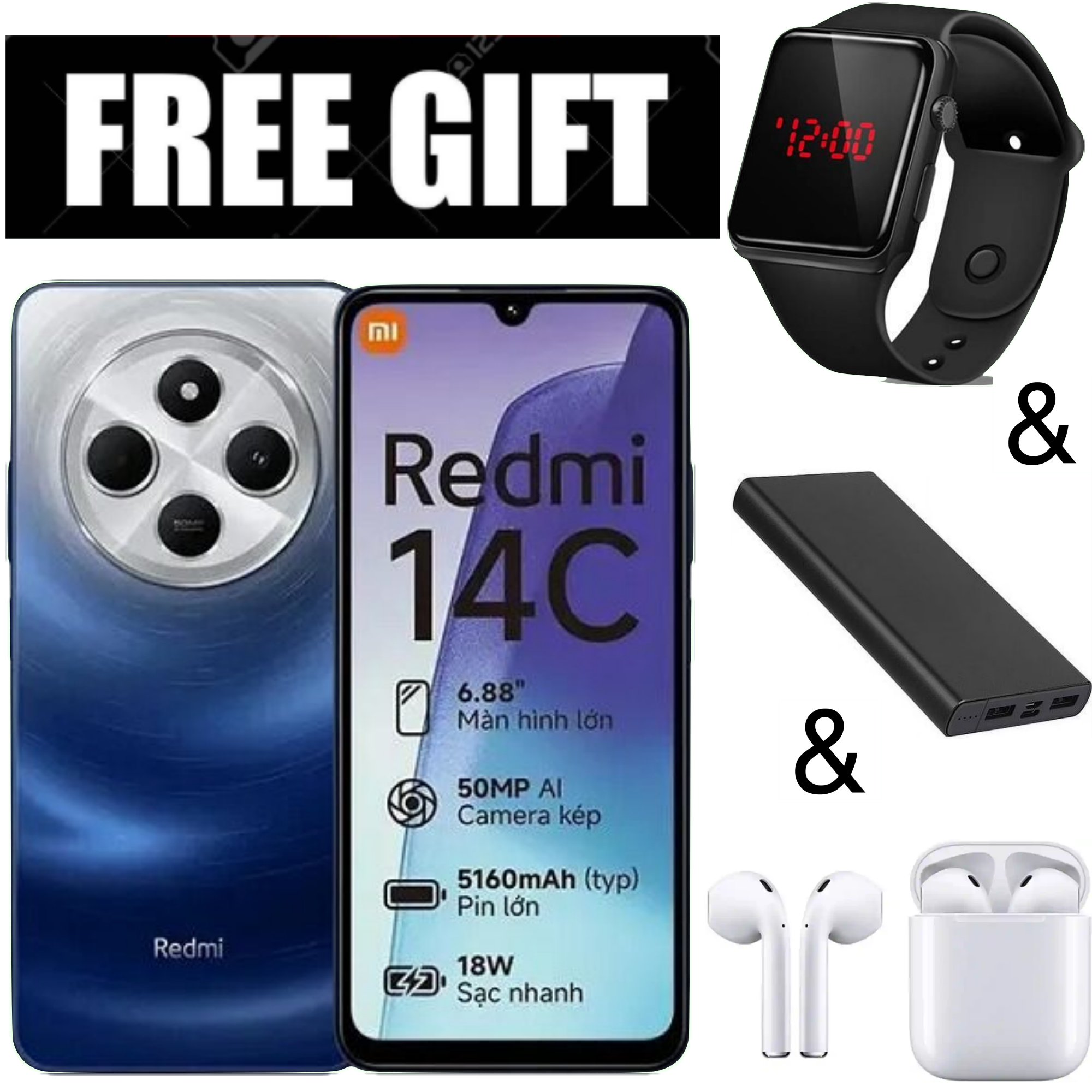 LIMITED TIME DEAL!!BRAND NEW Xiaomi Redmi 14C 8(4+4)GB RAM + 256GB/128GB Storage 6.88" 120Hz HD+ 4G Dual Sim 5160mAh Battery 50MP  main camera Android 14 Smart Phones+POWERBANK+L.E.D WATCH+EARPODS