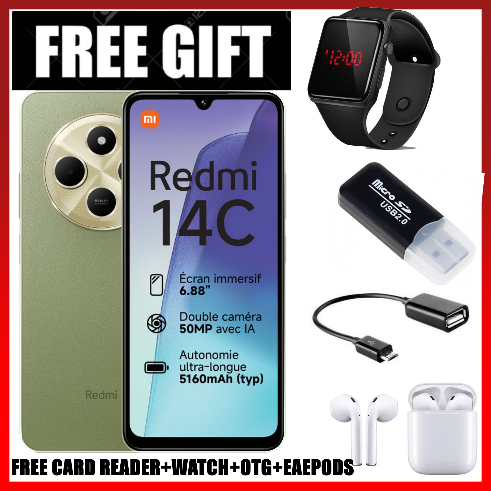LIMITED TIME DEAL!! Xiaomi Redmi 14C 8(4+4)GB RAM + 128GB Storage 6.88" 120Hz HD+ IPS display 4G Dual Sim 5160mAh Battery 50MP triple main camera Android 14 Smart Phones Mobile Phone +FREE GIFTS