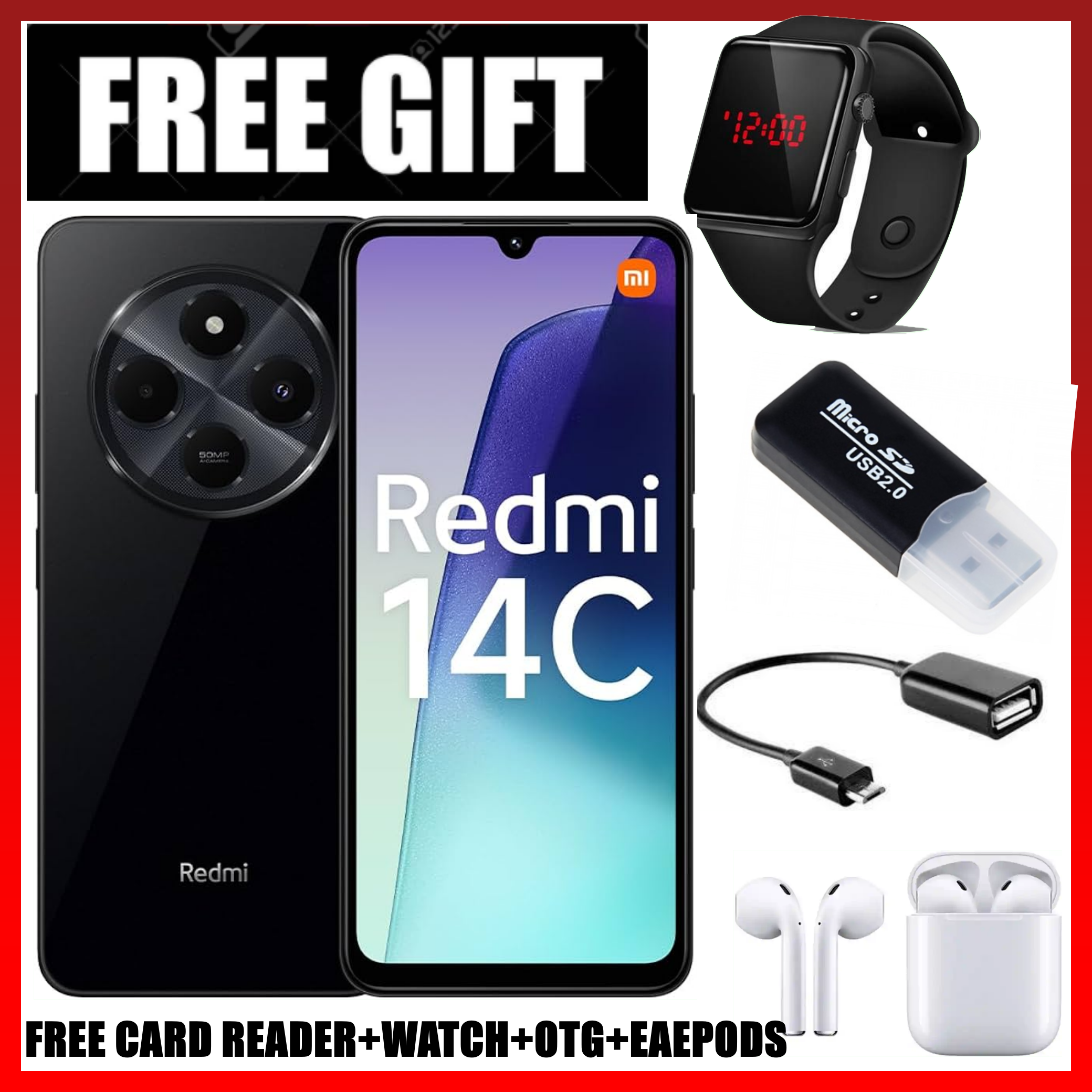 LIMITED TIME DEAL!! Xiaomi Redmi 14C 8(4+4)GB RAM + 128GB Storage 6.88" 120Hz HD+ IPS display 4G Dual Sim 5160mAh Battery 50MP triple main camera Android 14 Smart Phones Mobile Phone +FREE GIFTS