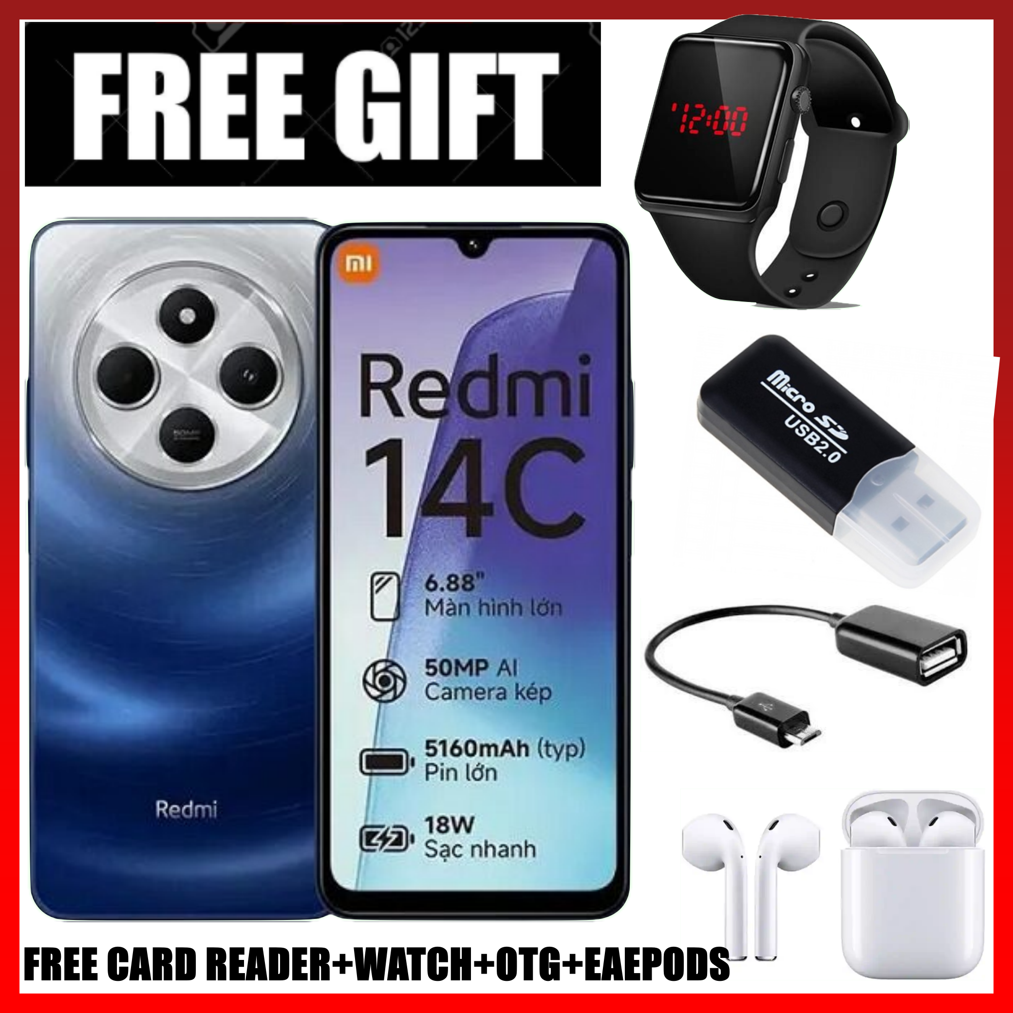 LIMITED TIME DEAL!! Xiaomi Redmi 14C 8(4+4)GB RAM + 128GB Storage 6.88" 120Hz HD+ IPS display 4G Dual Sim 5160mAh Battery 50MP triple main camera Android 14 Smart Phones Mobile Phone +FREE GIFTS
