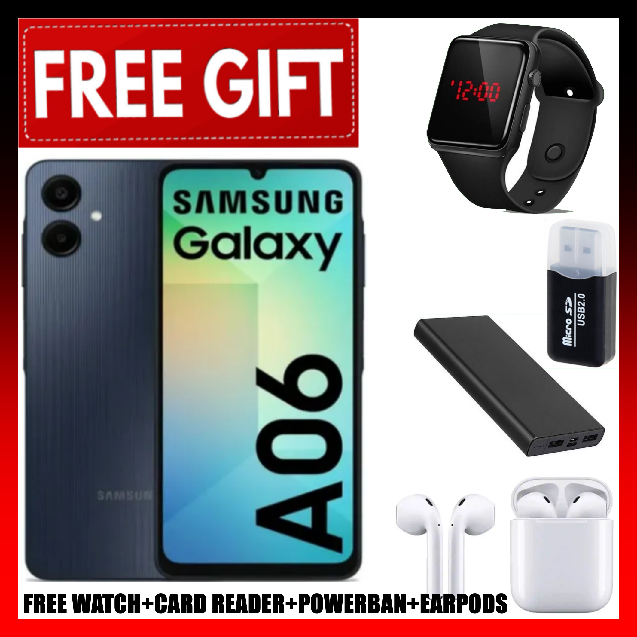 ANNIVERSARY DEALS!! Samsung Galaxy A06 64GB+4GB 50MP Camera 6.7" 60Hz MTK Helio G85 (12nm) 5000mAh 25W Type-C Charge Android 14 Smart Phones Side Fingerprint + CARD READER+EARPODS+LED WATCH +POWERBANK