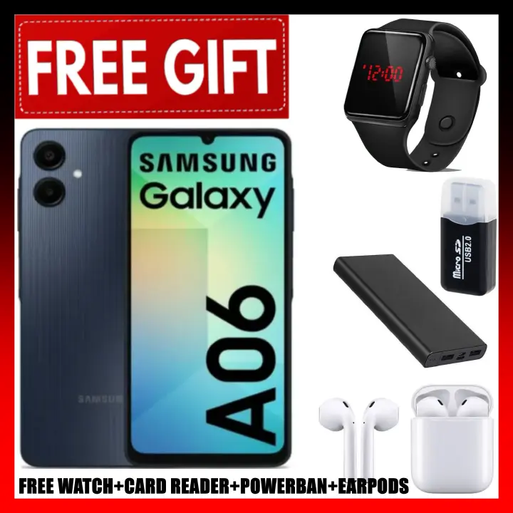 ANNIVERSARY DEALS!! Samsung Galaxy A06 64GB+4GB 50MP Camera 6.7" 60Hz MTK Helio G85 (12nm) 5000mAh 25W Type-C Charge Android 14 Smart Phones Side Fingerprint + CARD READER+EARPODS+LED WATCH +POWERBANK