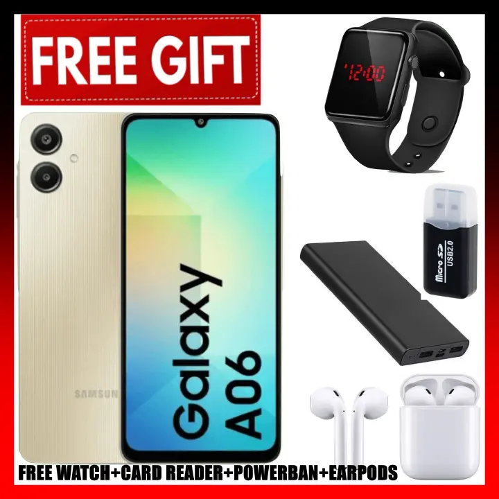 ANNIVERSARY DEALS!! Samsung Galaxy A06 64GB+4GB 50MP Camera 6.7" 60Hz MTK Helio G85 (12nm) 5000mAh 25W Type-C Charge Android 14 Smart Phones Side Fingerprint + CARD READER+EARPODS+LED WATCH +POWERBANK