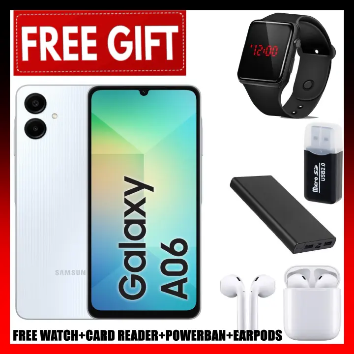 ANNIVERSARY DEALS!! Samsung Galaxy A06 64GB+4GB 50MP Camera 6.7" 60Hz MTK Helio G85 (12nm) 5000mAh 25W Type-C Charge Android 14 Smart Phones Side Fingerprint + CARD READER+EARPODS+LED WATCH +POWERBANK
