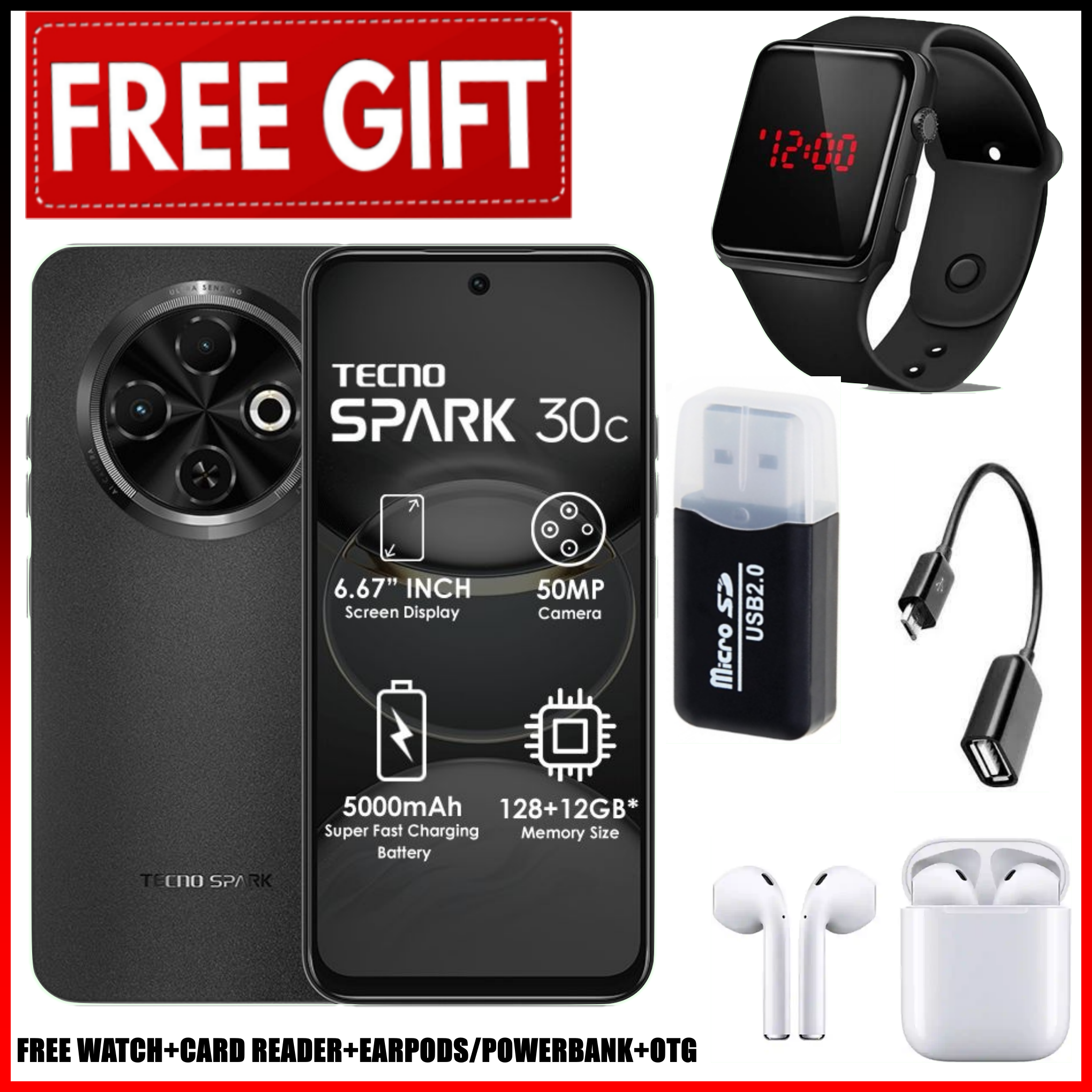 ANNIVERSARY DEALS!! TECNO SPARK 30C 128GB +8(4+4)GB 6.6" 120Hz Phone Dynamic Port 50MP Dual Speakers 7.8mm Ultra Slim 5000mAh 18W Type-C Dual SIM 4G Smart Phones Side Fingerprint Phones+FREEBIES