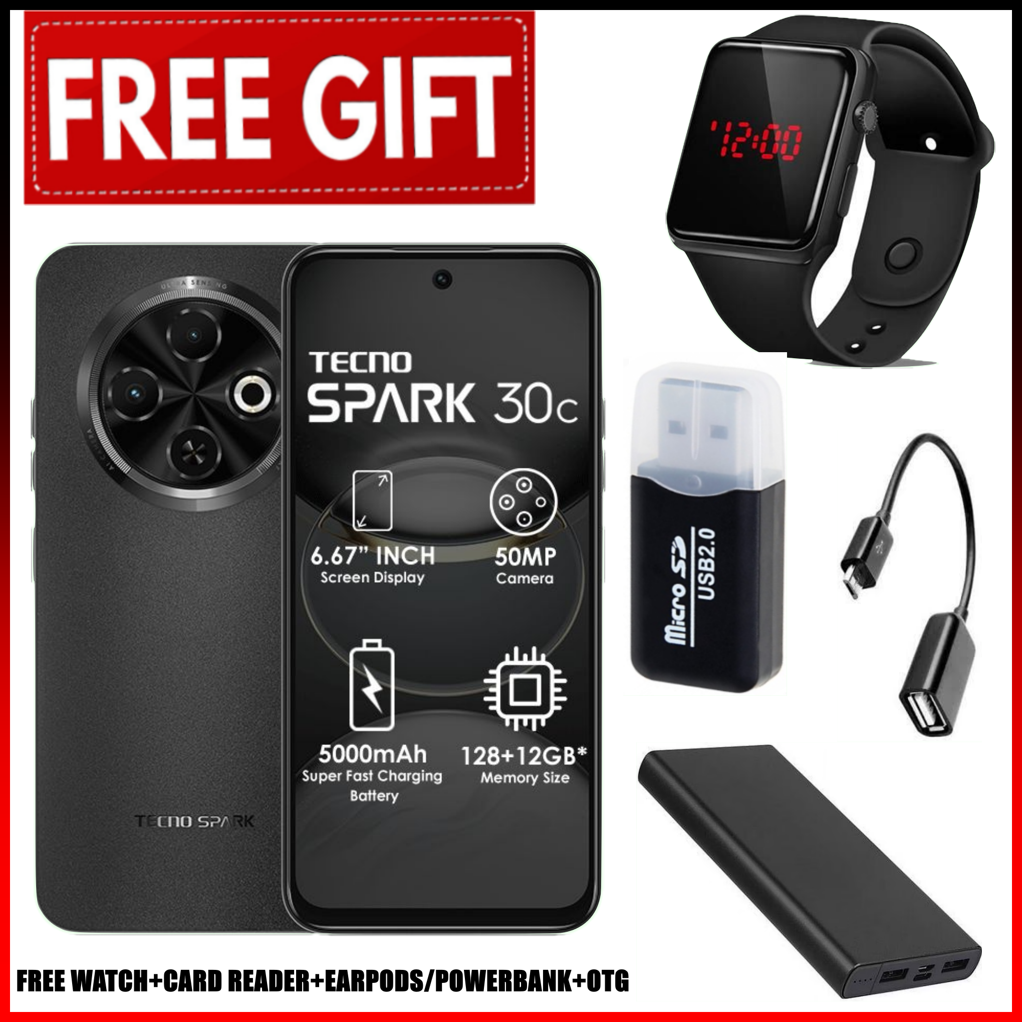 ANNIVERSARY DEALS!! TECNO SPARK 30C 128GB +8(4+4)GB 6.6" 120Hz Phone Dynamic Port 50MP Dual Speakers 7.8mm Ultra Slim 5000mAh 18W Type-C Dual SIM 4G Smart Phones Side Fingerprint Phones+FREEBIES