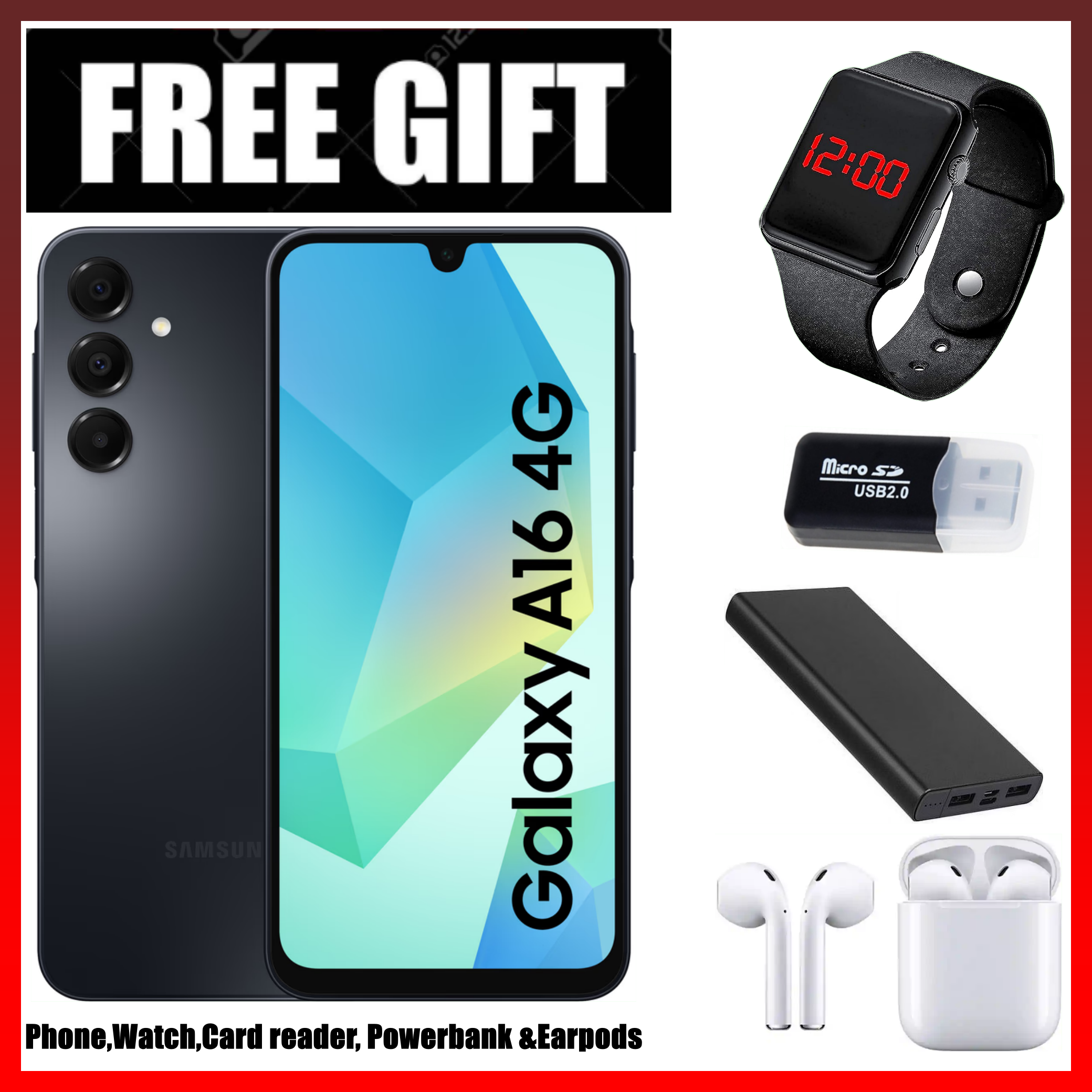 LIMITED TIME DEALS!!  BRAND NEWSamsung Galaxy A16, 4GB+128GB ROM 6.7" HD, Android 14, 4G, Bluetooth, 50MP-Camera, Battery-5000mah,(Dual Sim)-Smartphone+FREE POWERBANK +SMARTWATCH+Earpods Silver,4+128GB