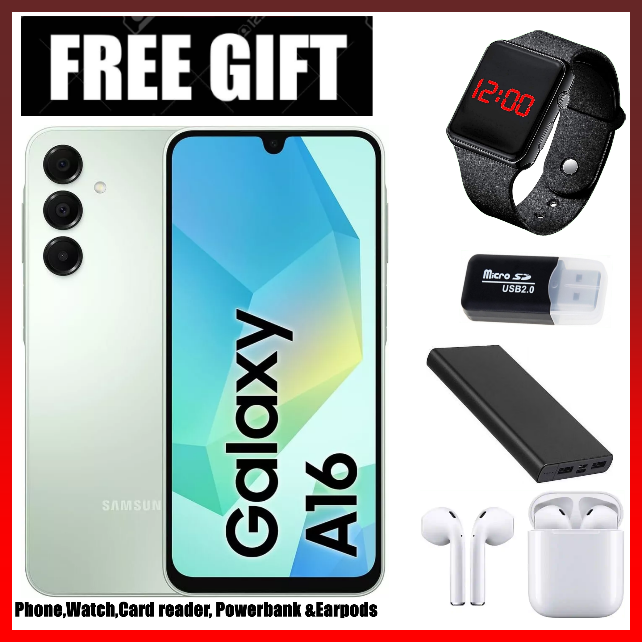 LIMITED TIME DEALS!!  BRAND NEWSamsung Galaxy A16, 4GB+128GB ROM 6.7" HD, Android 14, 4G, Bluetooth, 50MP-Camera, Battery-5000mah,(Dual Sim)-Smartphone+FREE POWERBANK +SMARTWATCH+Earpods