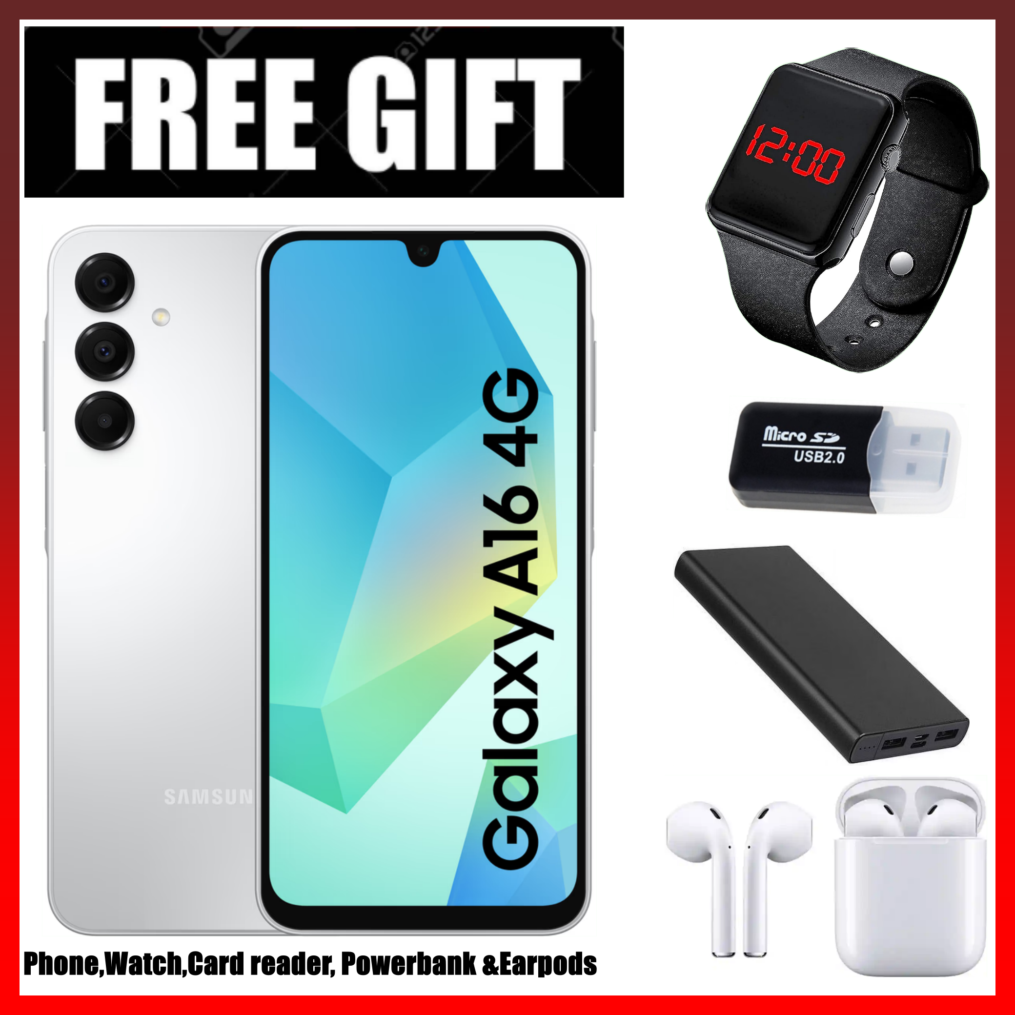 LIMITED TIME DEALS!!  BRAND NEWSamsung Galaxy A16, 4GB+128GB ROM 6.7" HD, Android 14, 4G, Bluetooth, 50MP-Camera, Battery-5000mah,(Dual Sim)-Smartphone+FREE POWERBANK +SMARTWATCH+Earpods