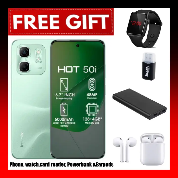 OFFER!!OFFER!! INFINIX HOT 50i 6GB RAM+128GB ROM Storage 6.7" display,120Hz refresh rate,4G Dual Sim 18W Fast charge+5000mAh Battery, 48MP camera, Android 14 Smartphone+FREEBIES