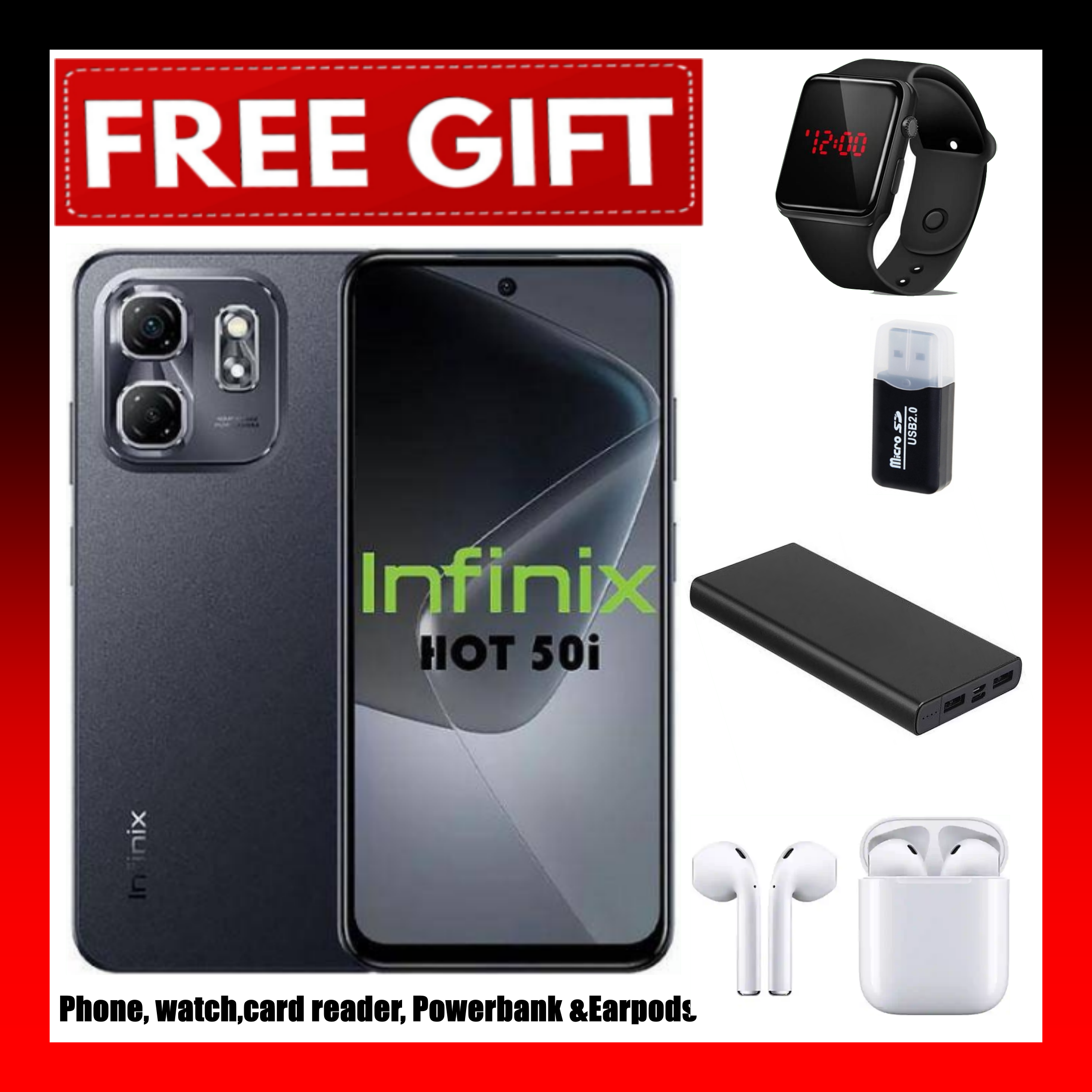 OFFER!!OFFER!! INFINIX HOT 50i 6GB RAM+128GB ROM Storage 6.7" display,120Hz refresh rate,4G Dual Sim 18W Fast charge+5000mAh Battery, 48MP camera, Android 14 Smartphone+FREEBIES
