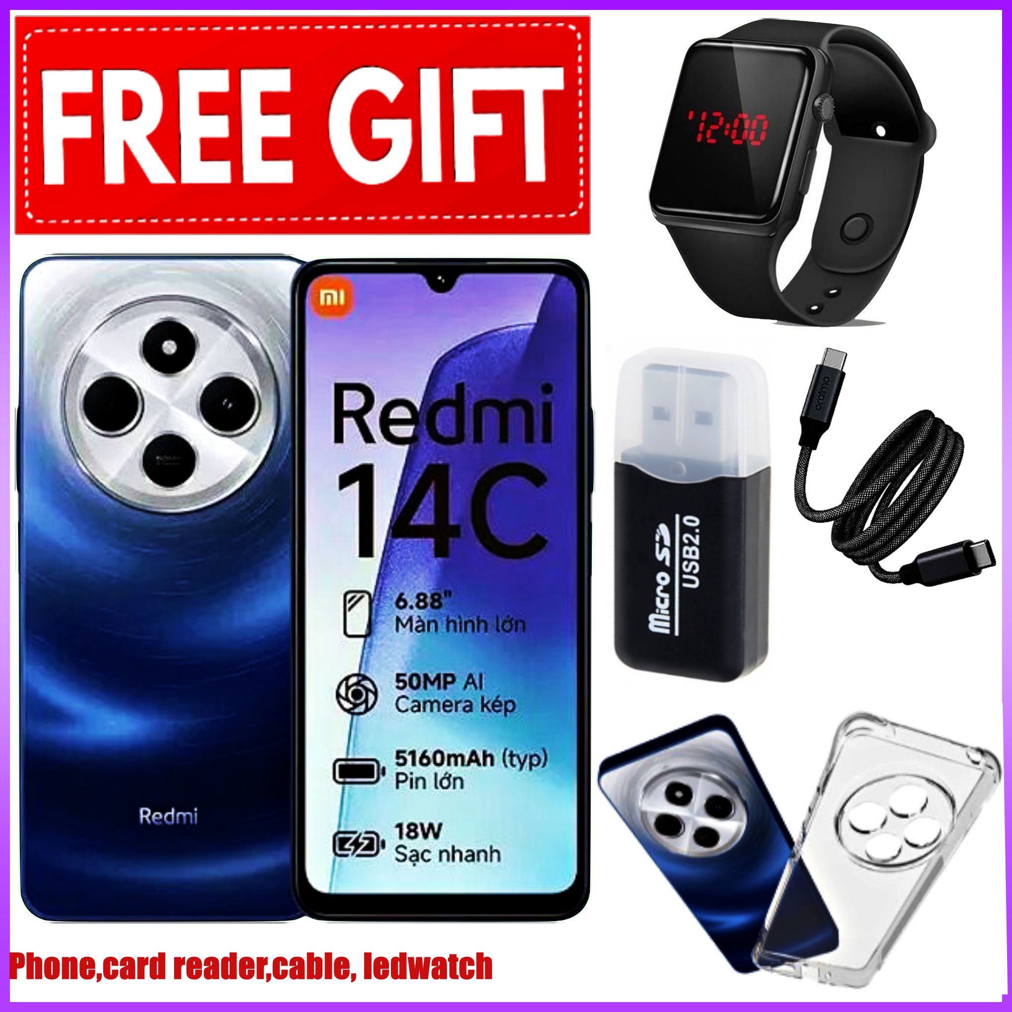 LIMITED TIME DEAL!! Xiaomi Redmi 14C 8(4+4)GB RAM + 128GB Storage 6.88" 120Hz HD+ IPS display 4G Dual Sim 5160mAh Battery 50MP triple main camera Android 14 Smart Phones Mobile Phone +FREE GIFTS